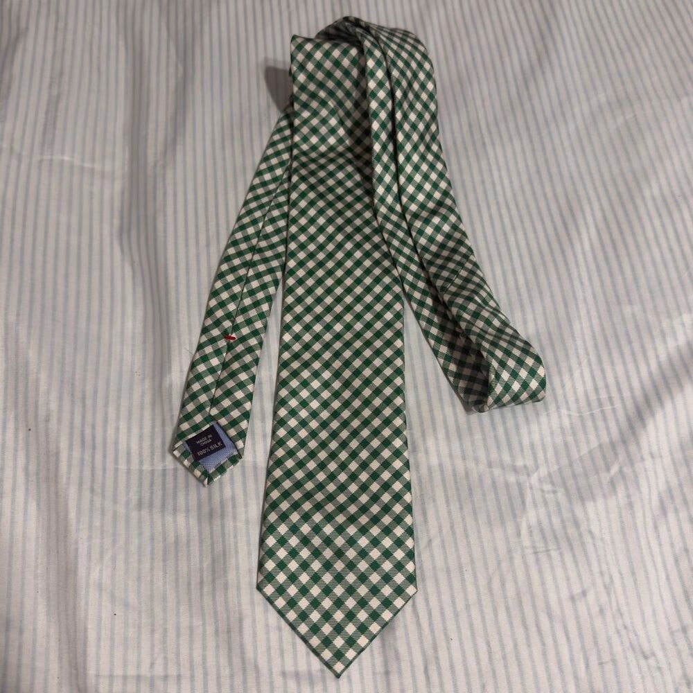 Tommy Hilfiger Men's Green and White Gingham Check 100% Silk Necktie #preppy